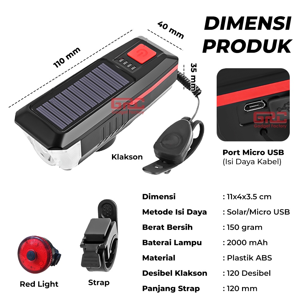 Lampu Klakson Bel Sepeda Depan Belakang USB Solar Panel Tenaga Surya