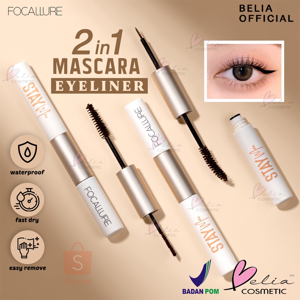 ❤ BELIA ❤ FOCALLURE Stay Waterproof Mascara &amp; Eyeliner 2in1 FA160 #1 | Maskara Eyeliner | Waterproof | fiber eyelash primer | BPOM