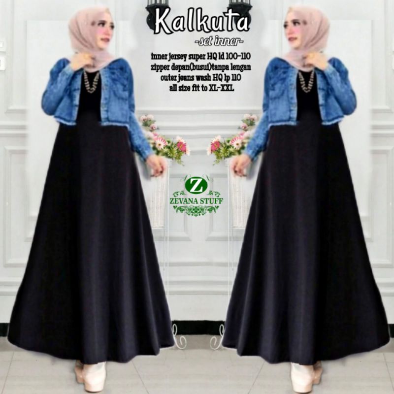Kalkuta One Set Setelan Dress Gamis Hitam Jersey Jaket  Jeans Ld 110 Jumbo Fit XXL By Zevana
