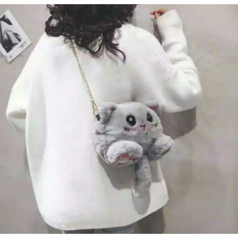 tas selempang kepala boneka kucing