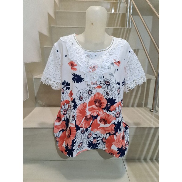 Blouse Brukat Bunga Renda Combi Brukat Impor XL-2XL-267 - Putih Ld 108