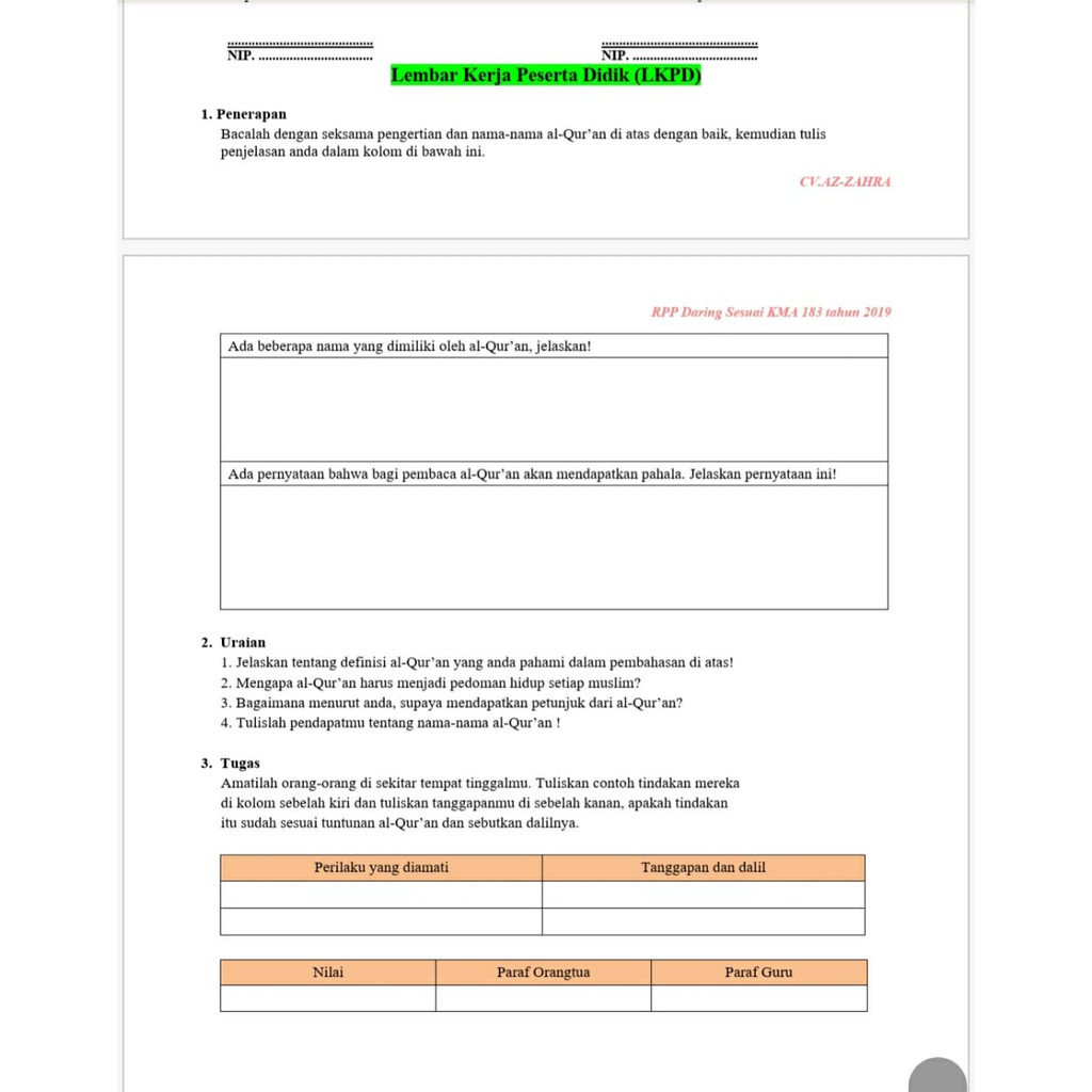 RPP 1 Lembar (RPP Daring,Luring Dan Tikom Sabar) MA Akidah Akhlak Kelas 12 Semester1-2, Sesuai Kma 183 Tahun 2019