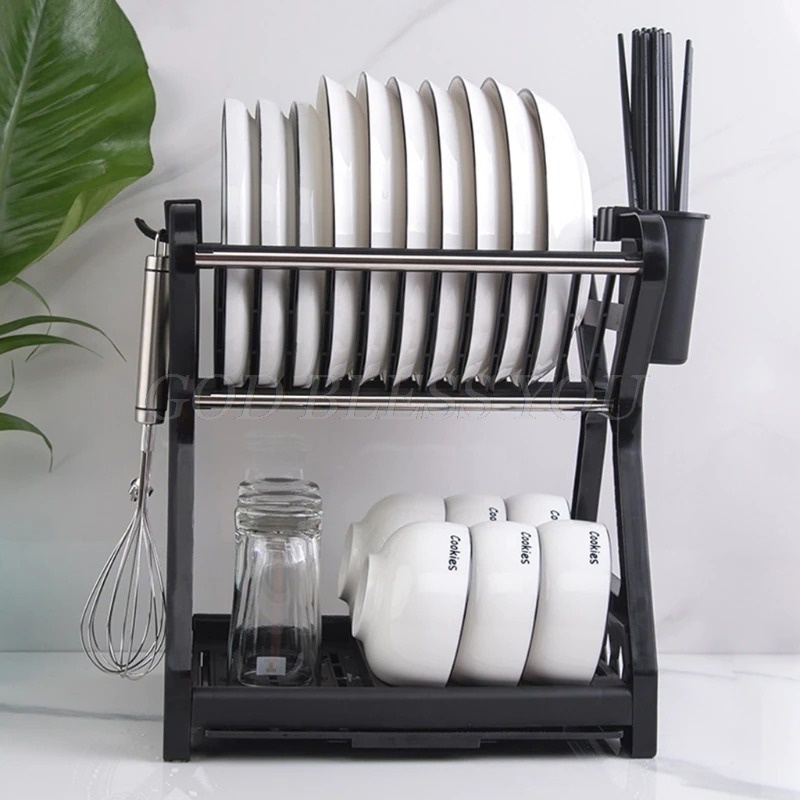 Rak Piring Susun 2 Plastik Tebal Gelas Pengering Drainer Kitchen Dish Rack 2 layer hitam mangkok sendok pisau