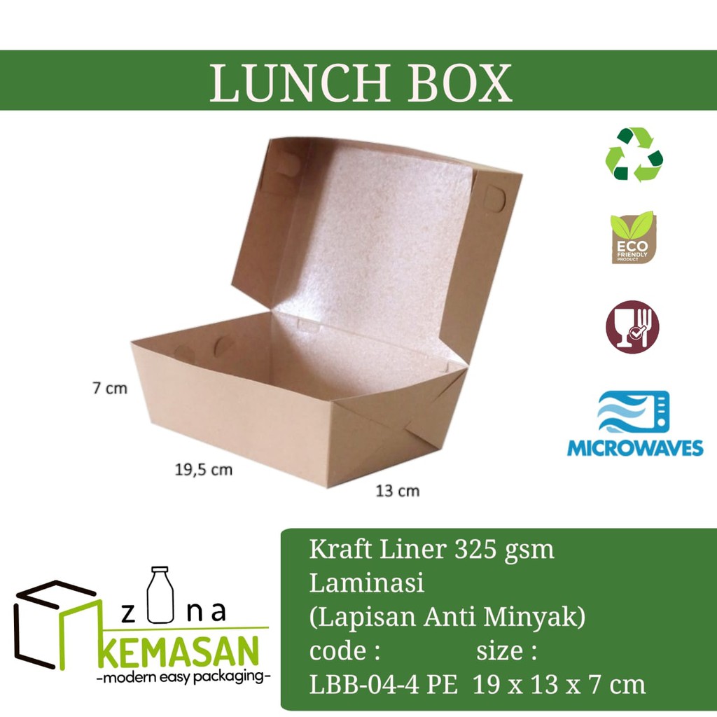 

KEMASAN LUNCH BOX DUS KARDUS KOTAK MAKANAN NASI ROTI (XL) 19,5x13x7 cm KRAFT 325 gsm LAMINASI