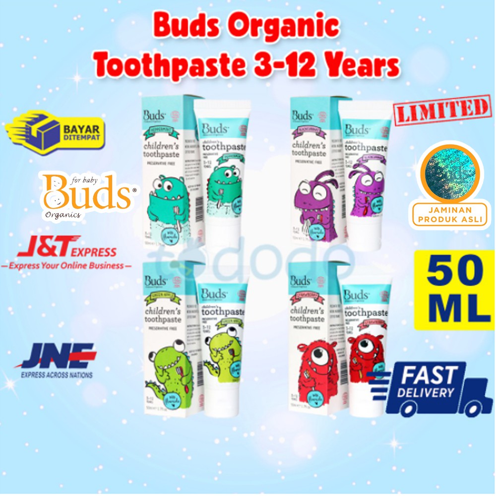 Buds Organic Toothpaste 3-12 Tahun - Pasta Gigi Odol Bayi dan Anak Aman Bisa Ditelan