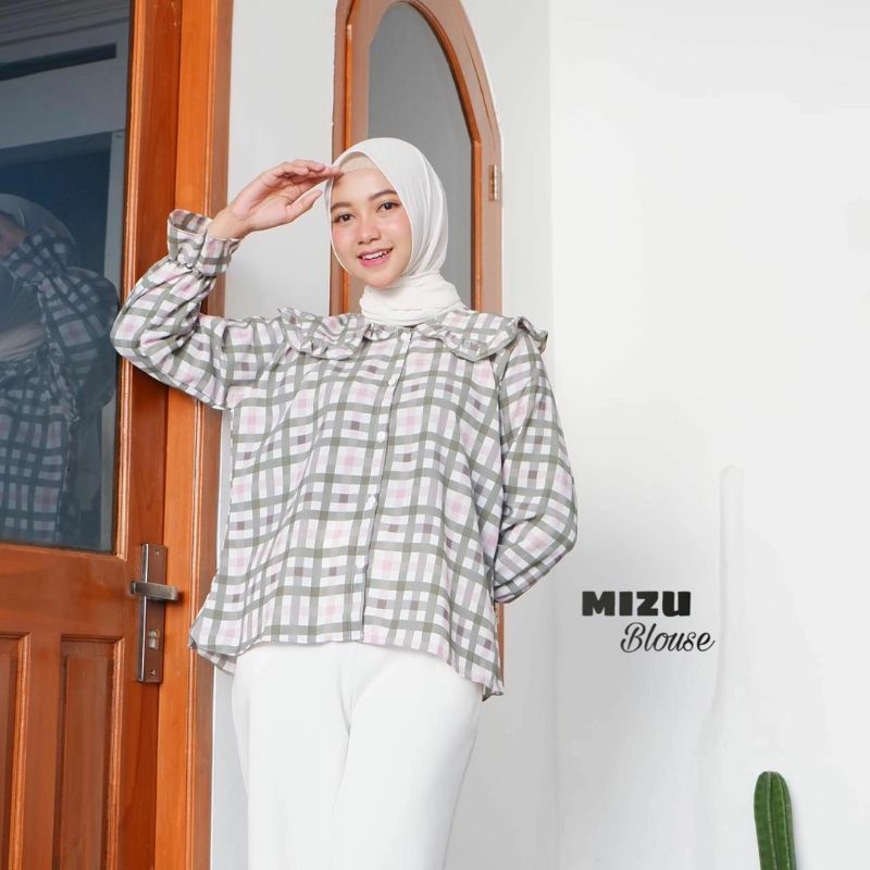 BLOUSE Bisa COD/Bayar ditempat/Gratis Ongkir  || Blouse TARTAN LENGAN BALON MIZU KOREAN STYLE | KEMEJA FLANEL WANITA NUMMA/KEMEJA CROP LENGAN PANJANG TARTAN-Mizu Sage Green