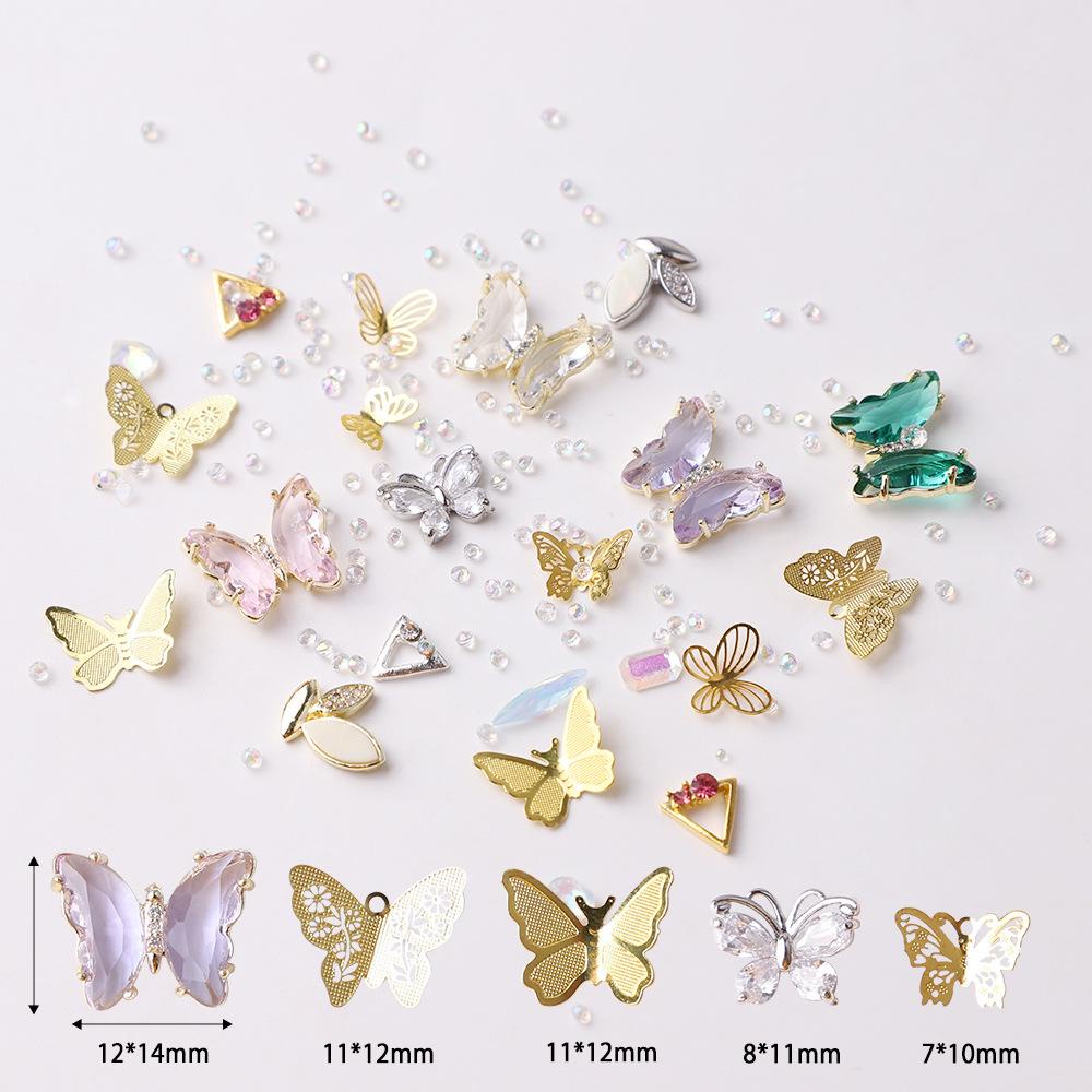 AUGUSTINA Agustina Butterfly Nail Rhinestones DIY Berlian Mengkilap Paduan Bunga Ukuran Campur Hiasan Kuku