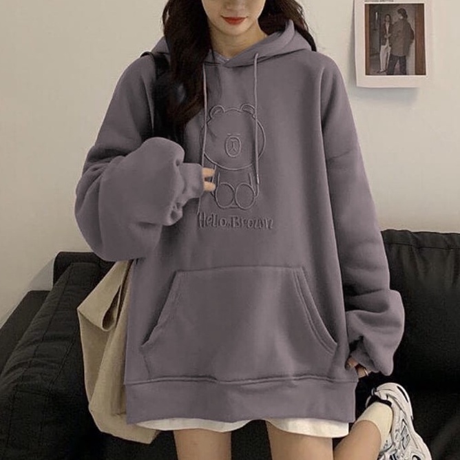 SWEATER HOODIE WANITA / HELLO BROWN SWEATER HOODIE OVERSIZE / HOODIE OVERSIZE