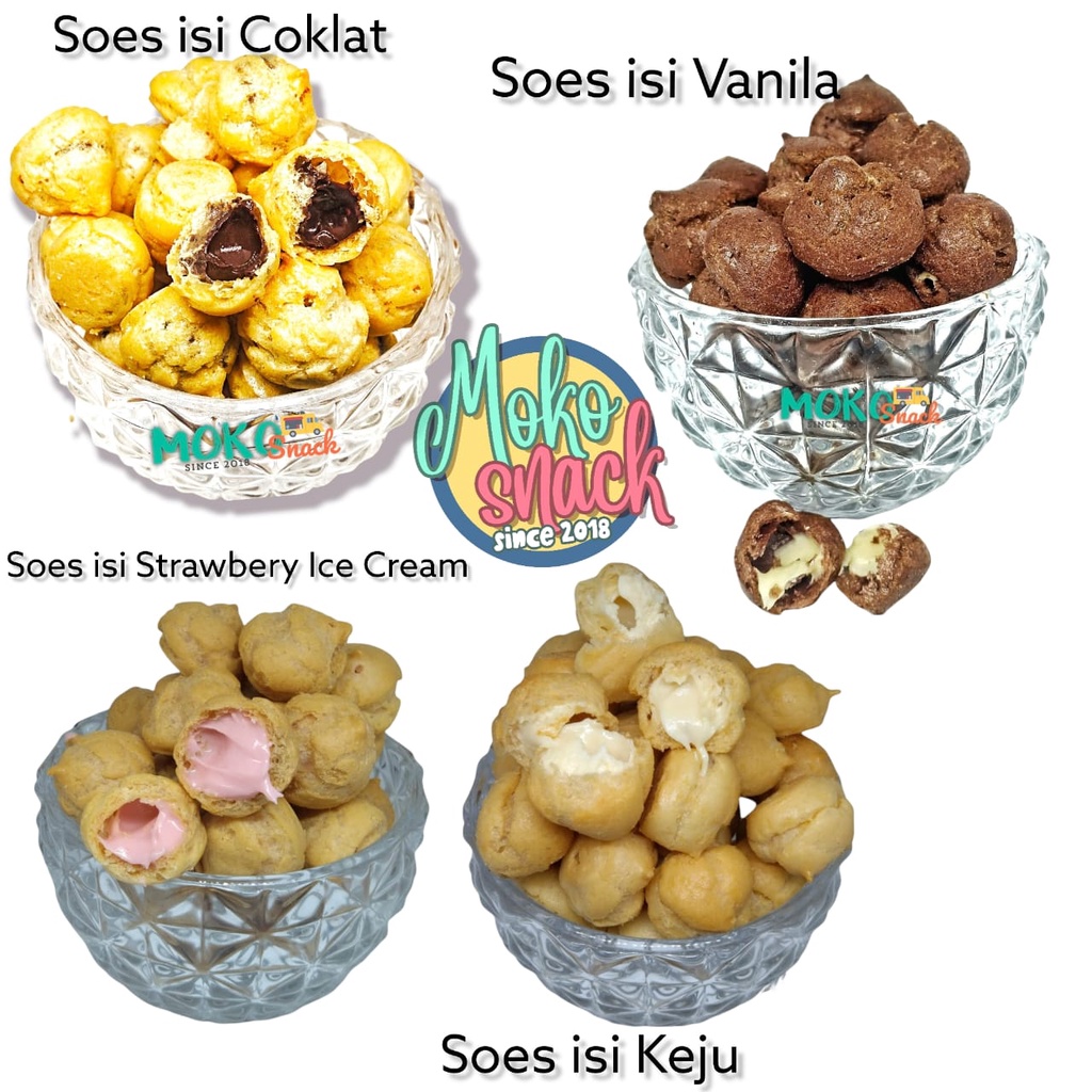 

Snack Cemilan Soes Kering isi Cokelat , Keju , Vanilla dan strawbery Ice cream Extra Filling Mokosnack