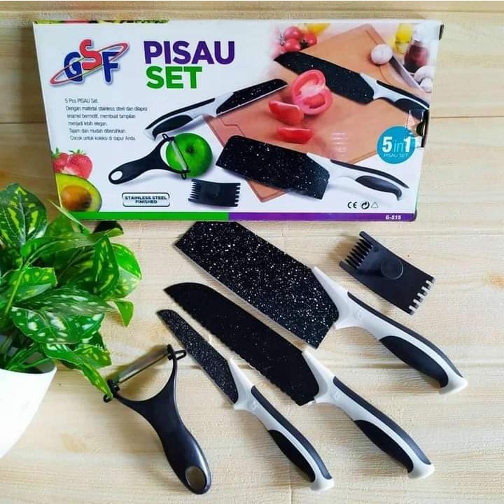 PISAU SET BATU MAIFAN 5 PCS / PISAU TAJAM GRANITE  WARNA HITAM 5 IN 1 GSF G-515 / PISAU SET BATU