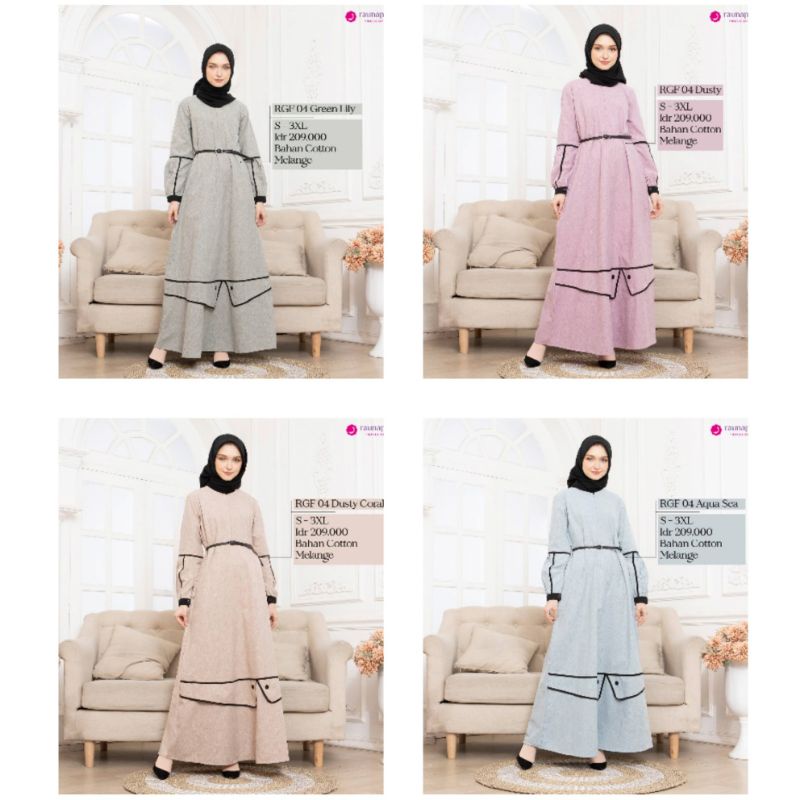 Baju Muslim gamis Raunapride RGF 04 Aqua Sea/Dusty/Dusty Coral/Green Lily