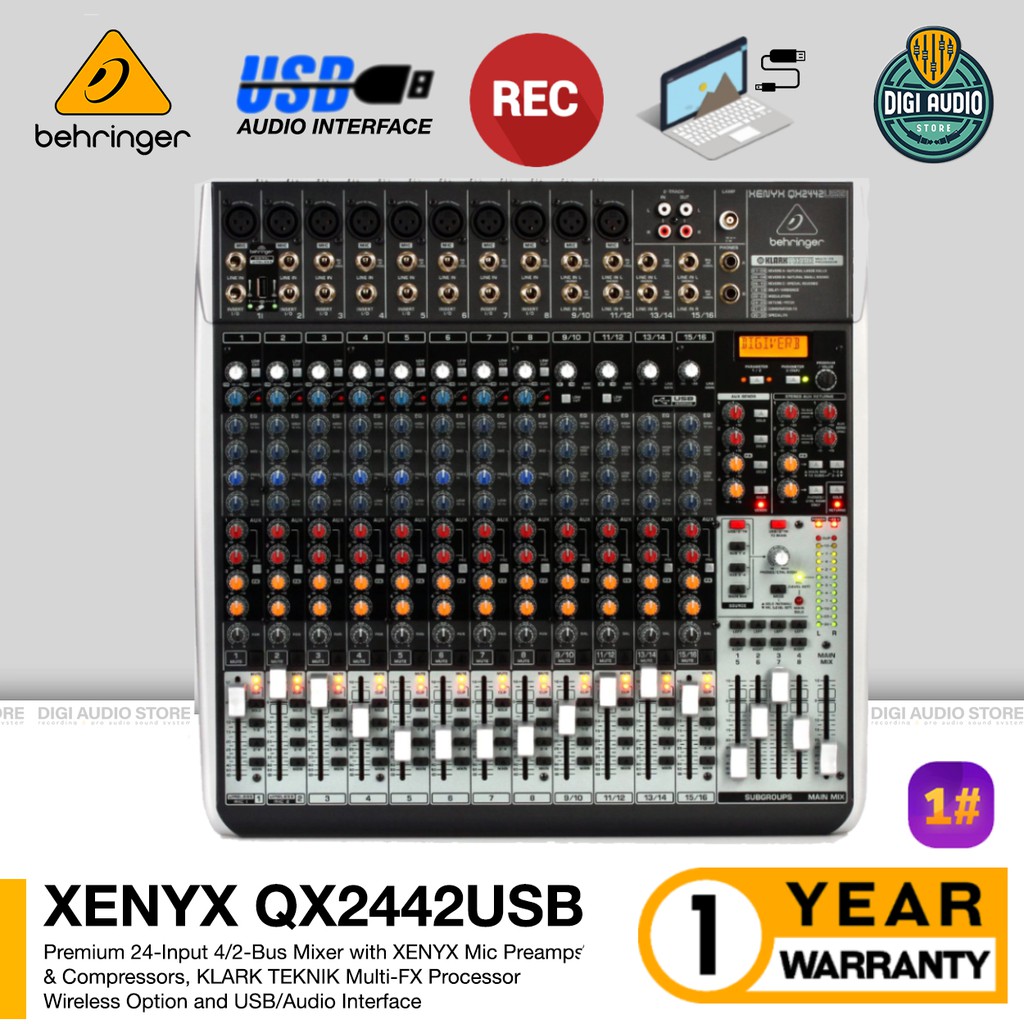 Audio Mixer 12 Channel 10 Mono 4 Stereo Behringer QX2442USB USB Audio Interface Soundcard Recording