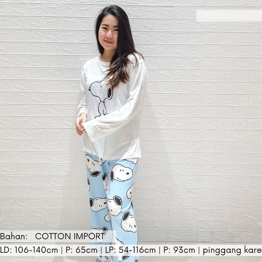 3540 kaos pajamas long snoopy skyblue one set import big baju tidur