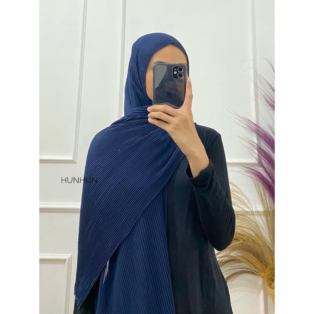 (Full Plisket Ceruty) Pashmina Pasmina Plisket Lidi Premium/ Fatin Jilbab Pasmina-FULL CERUTY (A) NAVY