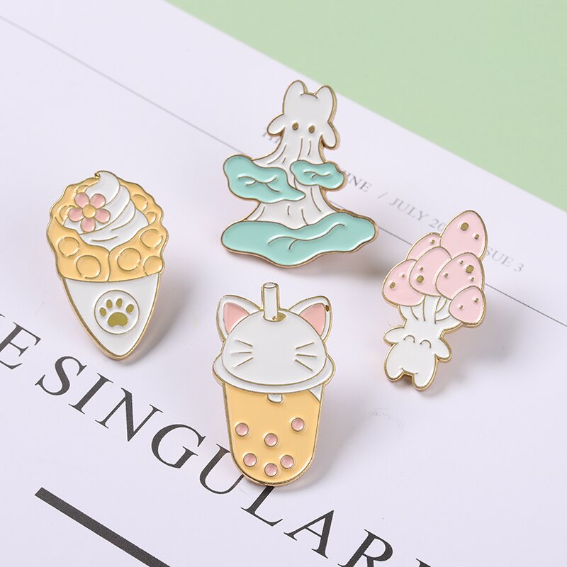 Food Enamel Pins Mushroom Ice Cream Boba Tea Cat Paw Brooches Bag Hat Lapel Pin Cartoon Badge Jewelry Gift Kids Girl