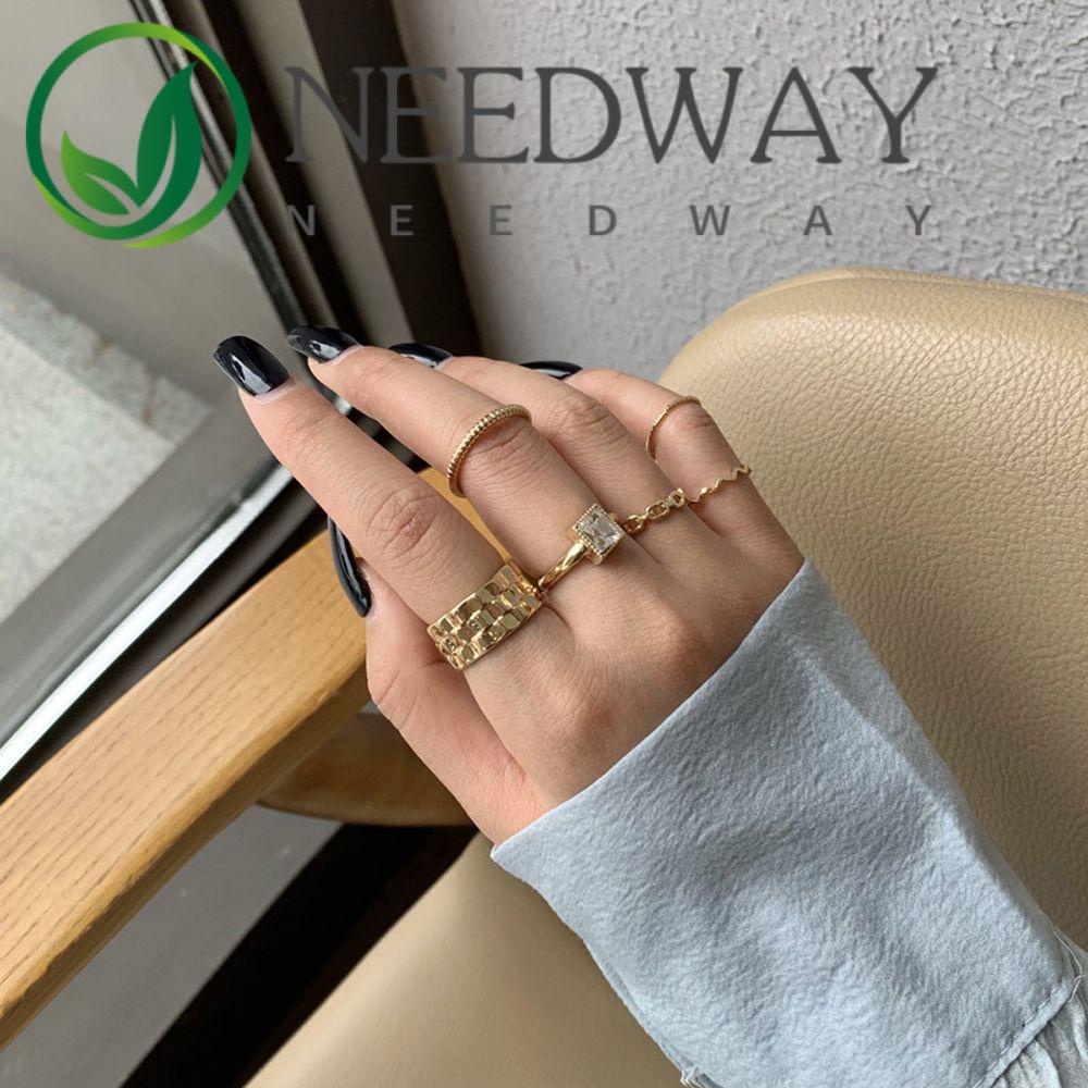 Needway  6Pcs/set Women Jewelry Geometric Finger Ring Rings Set Wavy Punk Minimalist Round Tail Ring For Women Crystal/Multicolor