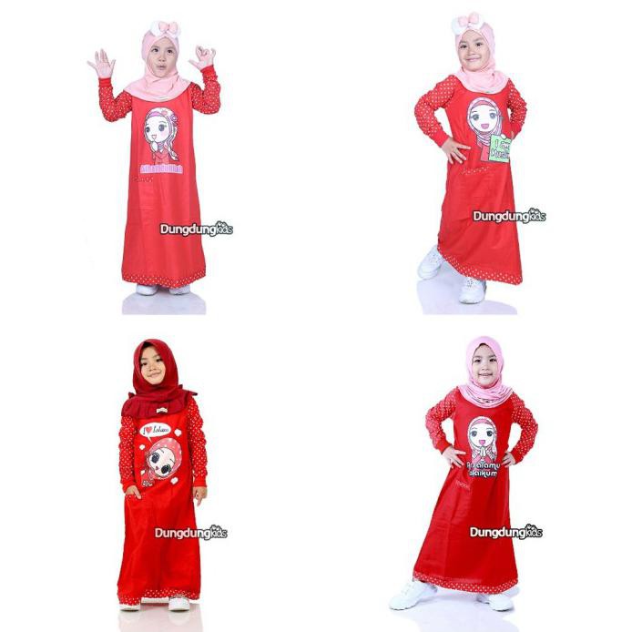 BAJU MUSLIM ANAK PEREMPUAN GAMIS RAMI LENGAN MOTIF - DUNGDUNGKIDS