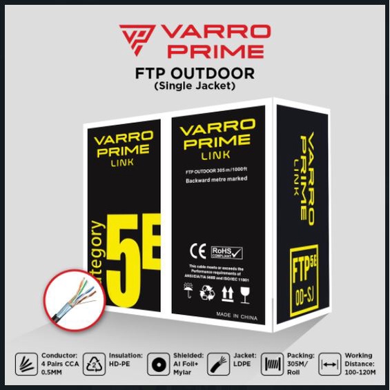 Cable lan roll varro prime link 305m cat 5 5e ftp outdoor 10/100Mbps single jacket od-sj - Kabel internet rj45 cat5e 305 meter