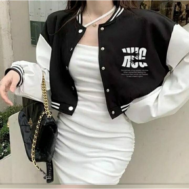 Jaket Baseball Hug Crop | Style Korean Varsity Fashion Terbaru | Pakaian Wanita | Jaket Wanita | Bahan Fleece | Jaket Croop | Bisa Bayar Di Tempat