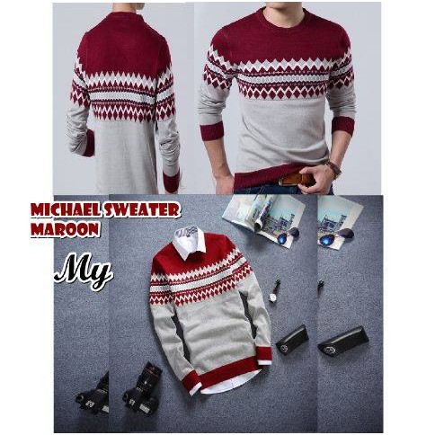 Sweater Michael Sweater Maroon Pakaian Baju Sweater Rajut Korea Pria Lengan Panjang