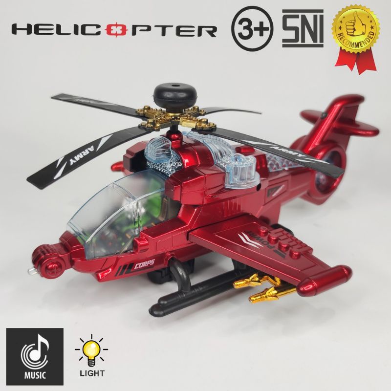 Mainan anak Helikopter army merah nyala lampu music bisa jalan bump and go