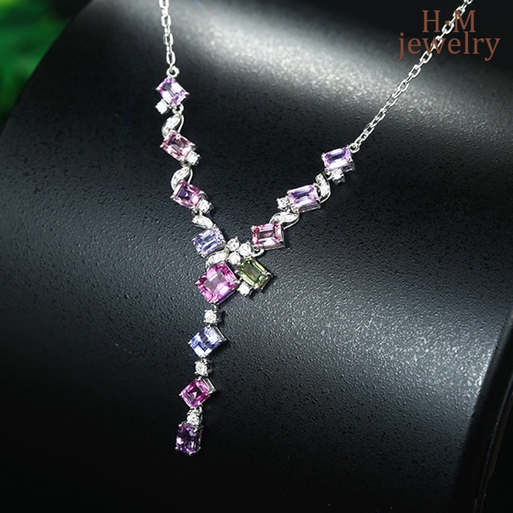 Set Kalung Rantai Dengan Liontin Batu Sapphire Warna Ungupink Untuk Wanita