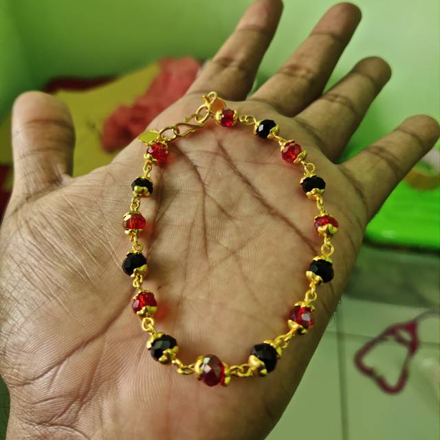 Gelang kristal 8mm merah hitam lapis emas 24k / Gelang Kristal Ceko / Gelang batu