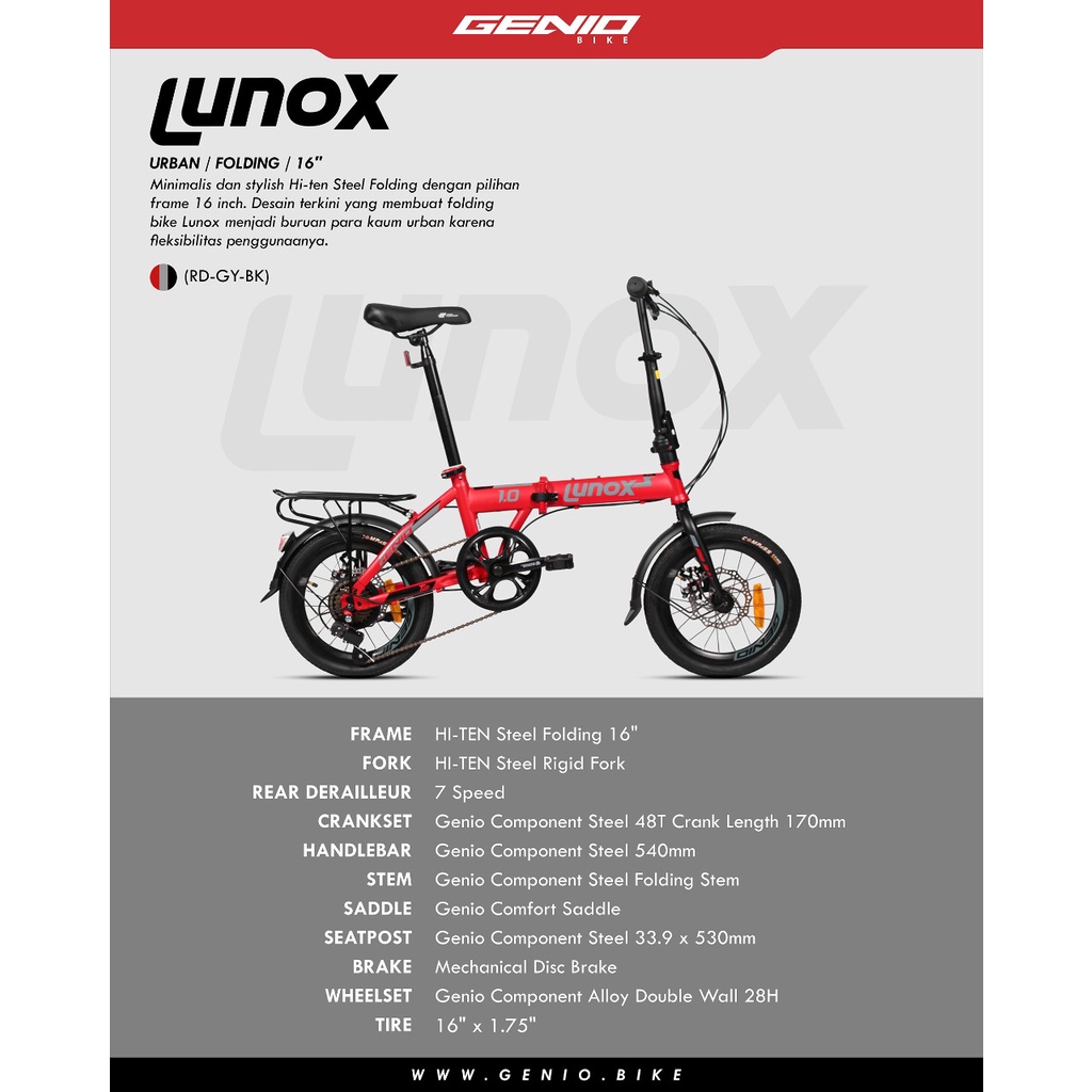Sepeda Lipat Genio Folding Lunox 1.0 size by United SNI Garansi Resmi COD bisa Kredit 16 dan 20 inch-Red Grey Black