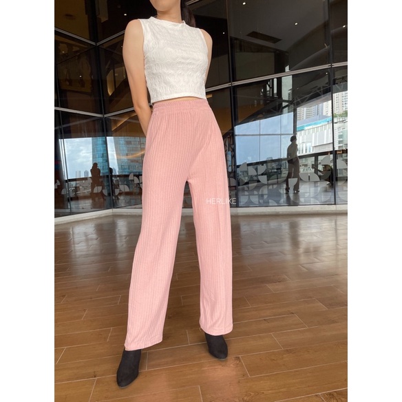 Hyerin pants/celana kulot wanita/celana panjang wanita/celana high waist/celana semi rib/celana santai/celana kekinian/celana knit/kulot knit-Pink