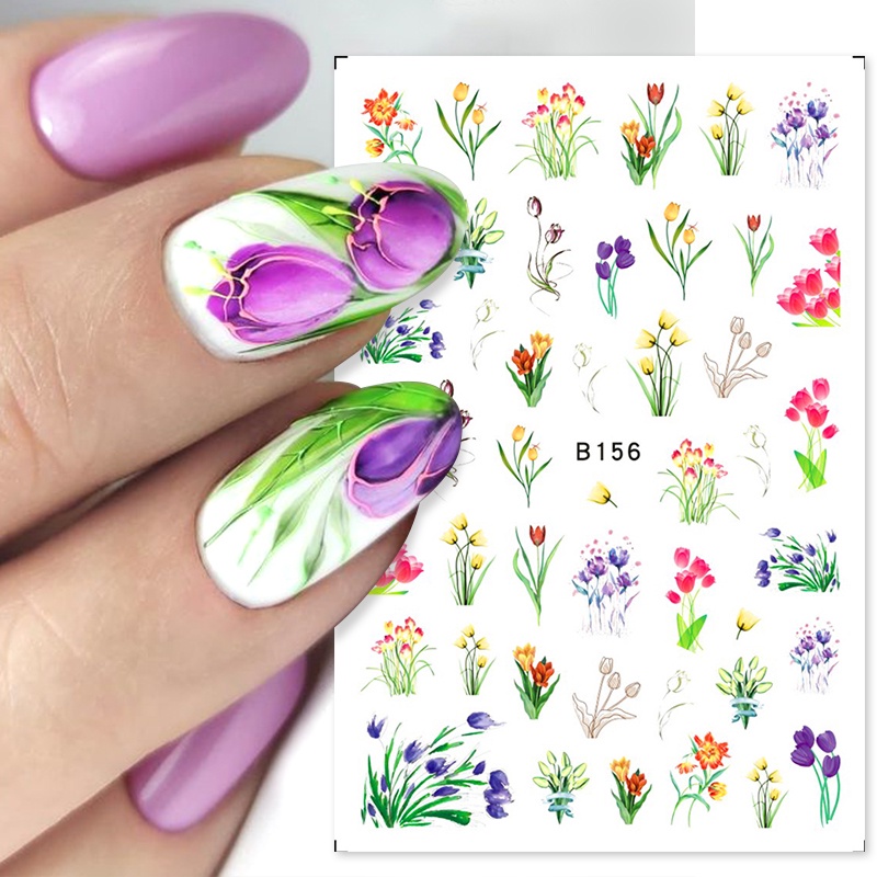 1 Lembar Stiker Kuku 3D Desain Bunga Tulip Warna-Warni Untuk Dekorasi Nail Art