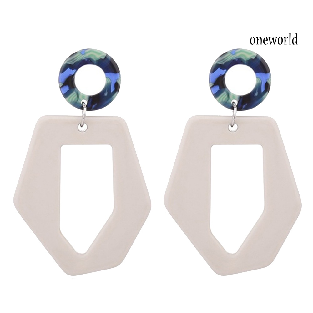 OW@ Fashion Circle Hollow Hexagon Acrylic Long Dangle Women Stud Earrings Jewelry