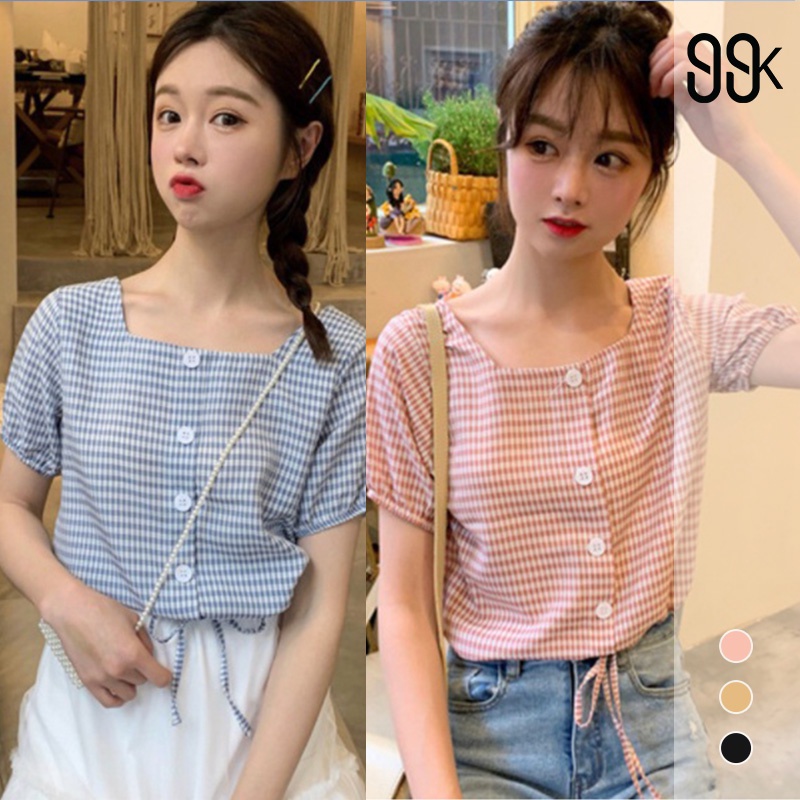 【SALE】 Korean Gingham Square Top Atasan Lengan Pendek Kotak - Kotak 1305 (XS - XL)