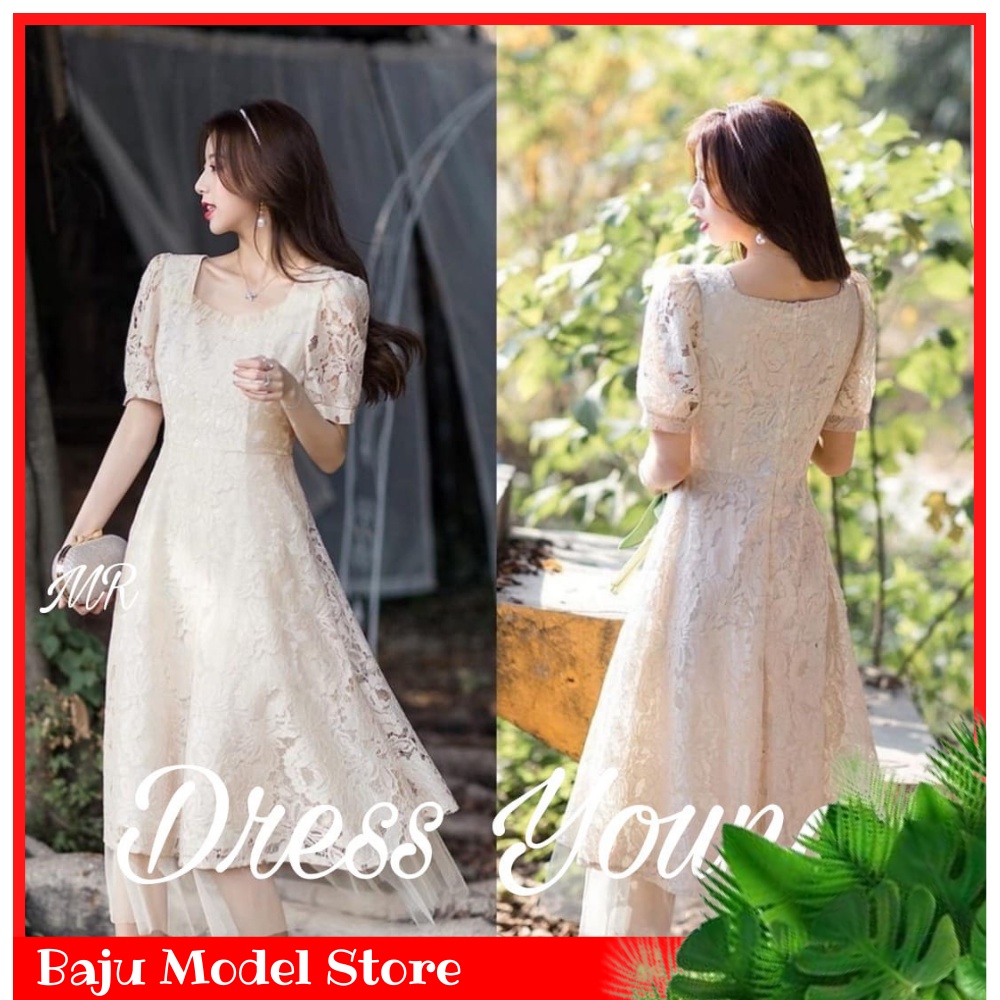 Nouna Dress Korea Brukat Corneli Casual Dress Korean Style Wanita Brokat Hitam Putih Dress Kondangan