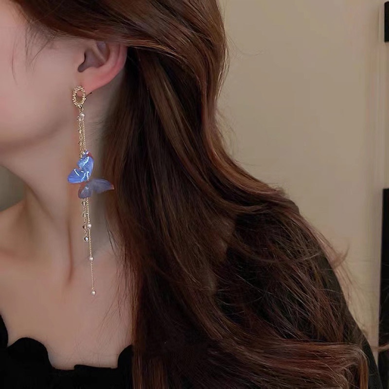 Anting Rumbai Bentuk Kupu-Kupu Aksen Mutiara Warna Biru Gaya Korea