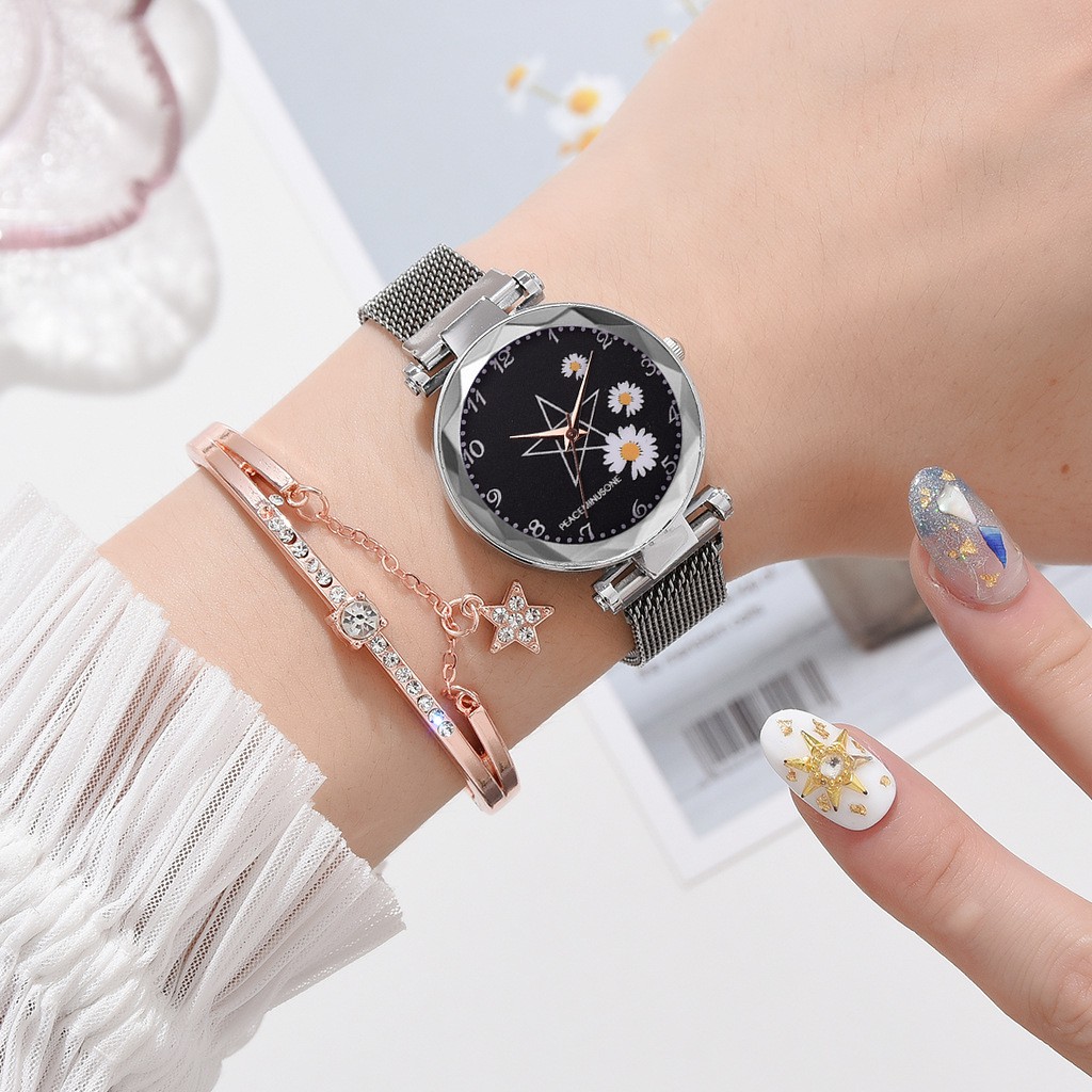 ELBER J174 Jam Tangan Rantai Wanita Jam Analog Motif Bunga Daisy-3