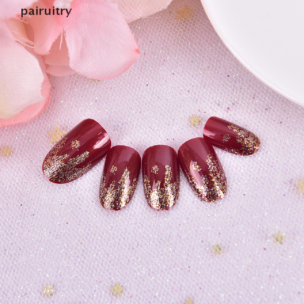 Prt 24Pcs / Set Kuku Palsu Aksen Berlian Imitasi + Lem Untuk Nail Art / Manicure / Pernikahan