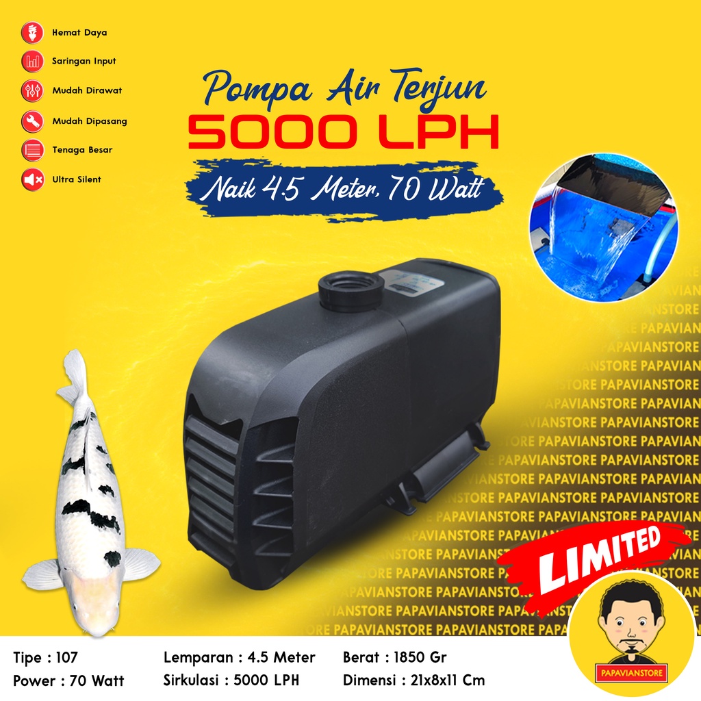 Pompa Air Mesin Filter Celup Sirkulasi Kolam Ikan Koi Low Watt Aquarium Tank Submersible Hidroponik Hydroponic Water Pump Waterfall Air Terjun Hias - 3500 4500 5000 LPH Liter Per Jam 4 Meter Ketinggian 4m P017