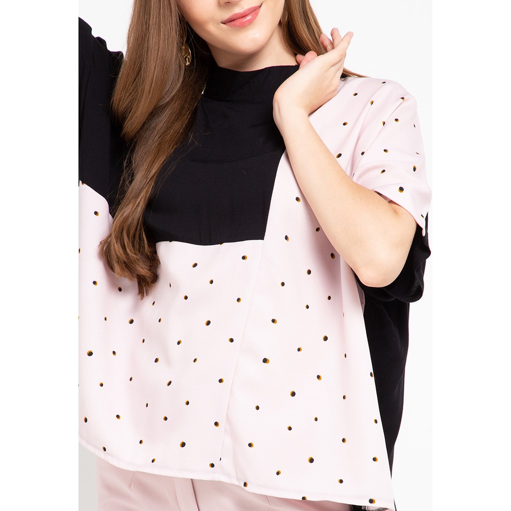 PHOTOGRAPH - Dusty Blouse S/s Mandarin Collar Dusty Pink Dot combo Black