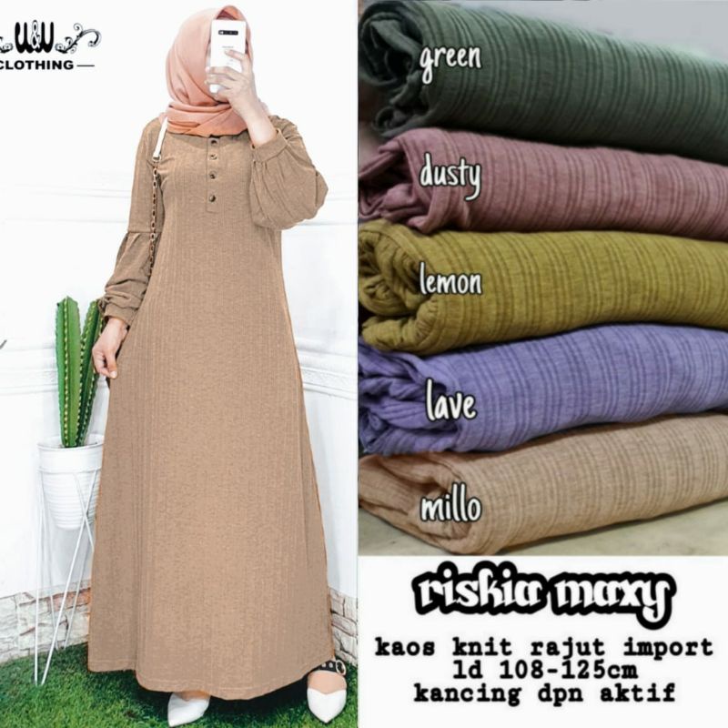 RIZKIA MAXY BAJU GAMIS DRESS MUSLIM POLOS KAOS RAJUT KNIT BUSUI LENGAN BALON LD 108-125 FIT XL XXL