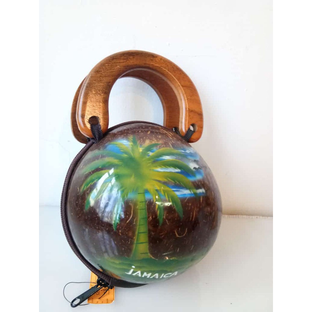 Tas batok kelapa bulat handle kayu/Tas batok unik/bag coconut