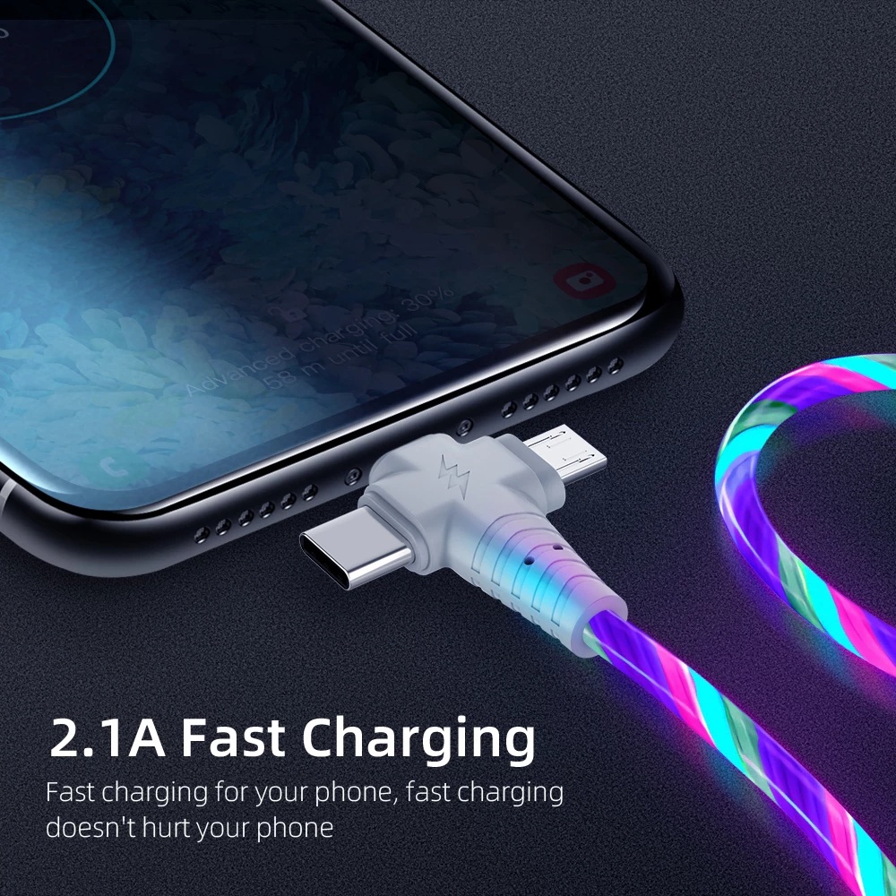 Hot Sale/Kabel Cas 3in1 LED Glow Flowing/USB Type C Luminous Lighting Fast Charger Wire Untuk iPhone Android Phone/Kabel USB Lighting