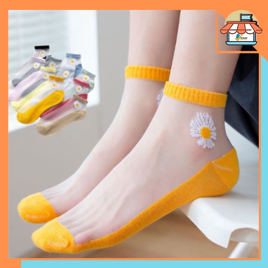 RSB KK211 Kaos Kaki Wanita Pendek Motif Bunga Daisy Transparan Socks Korean Fashion