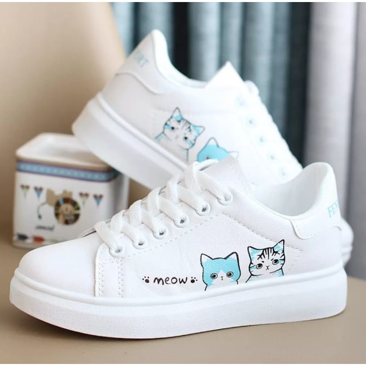 Sepatu Anak Lucu Sneaker Motif Meow Putih Toska Murah Trendi