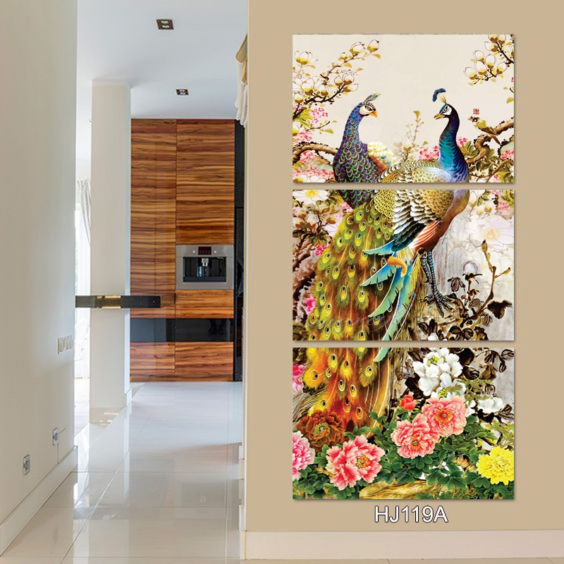 Hiasan Dinding Poster Kayu 3 Pcs Wall Decor Rumah Sepasang Burung Merak