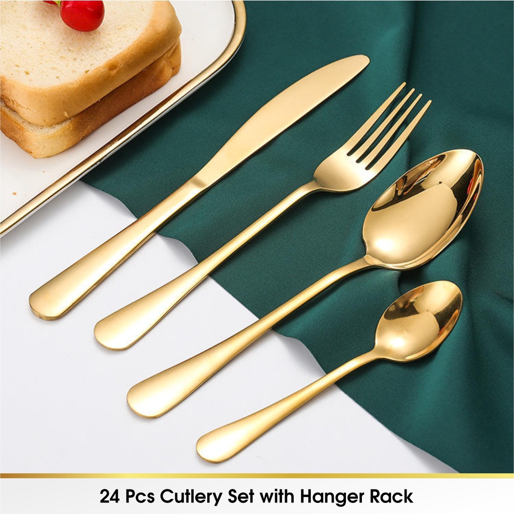 24 Pcs Souvenir Sendok Garpu Makan Korea Travel Cutlery Set﻿ Korea Stainless Dengan Gantungan Rack