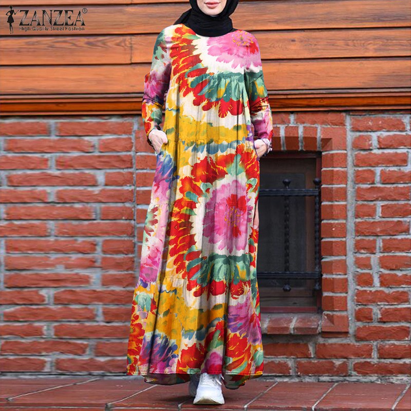 ZANZEA Women Long Sleeve Back Zipper Multi-Color Muslim Long Dress