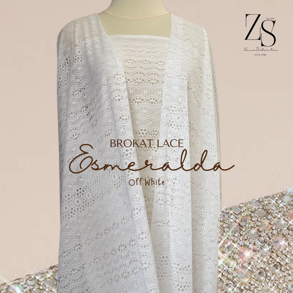 Bahan Kain Brokat Brukat Lace Salur Esmeralda Warna Putih Tulang Broken White