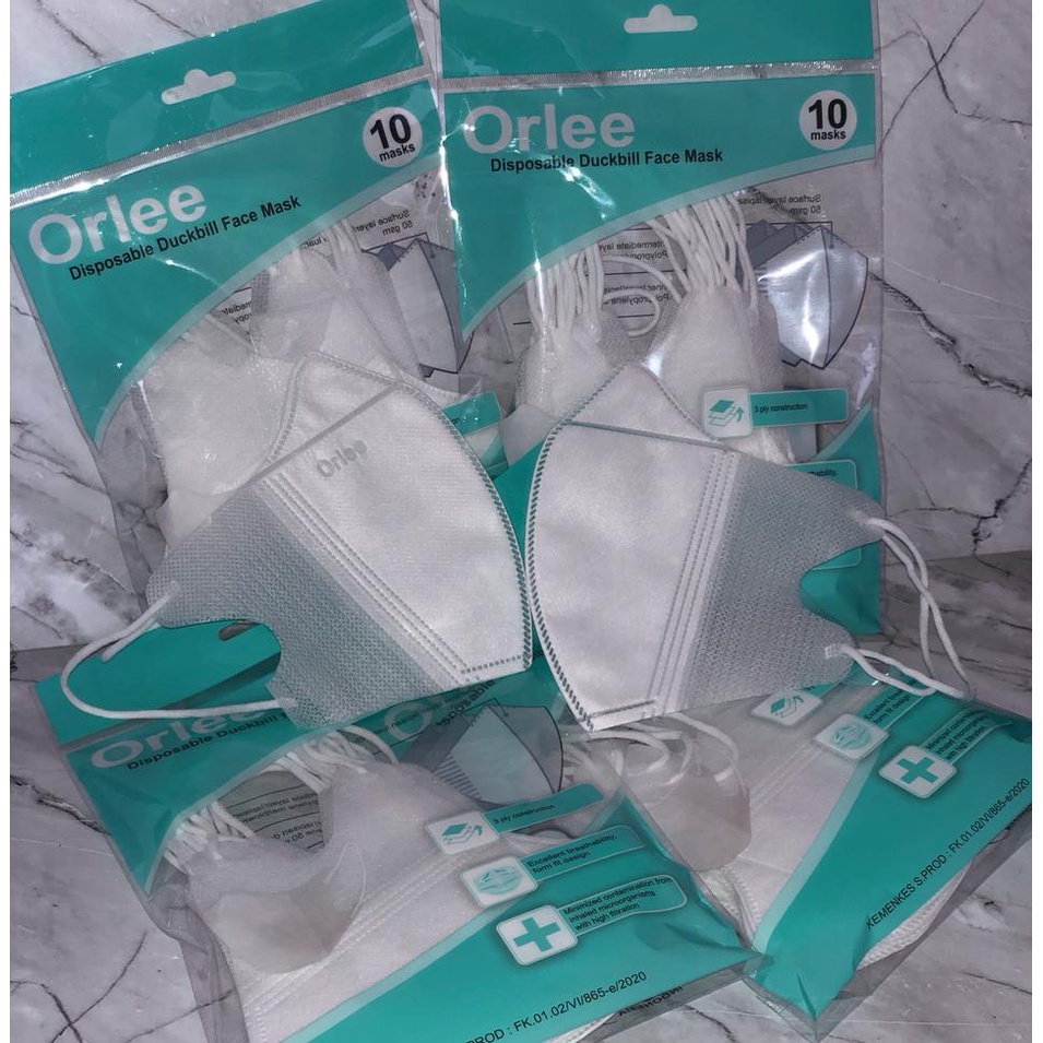 Masker Duckbill Orlee Earloop/Hijab 3ply 10 pcs /Masker Duckbill Hitam Putih Duckbill Asli Indonesia