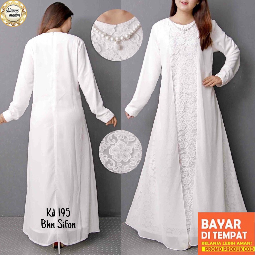 CHIANOZ Gamis Putih Brukat Busana  Lebaran Umroh Haji 