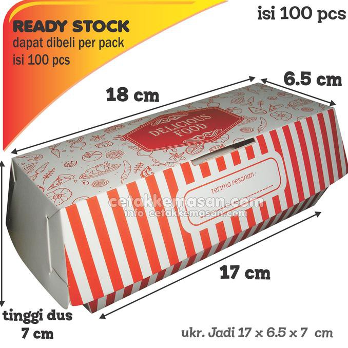 

R646T75R-Sale- Dus Box Kemasan Hotdog Uk 17 X 6,5 X 7 Cm Foodgrade Cetak 1 Warna